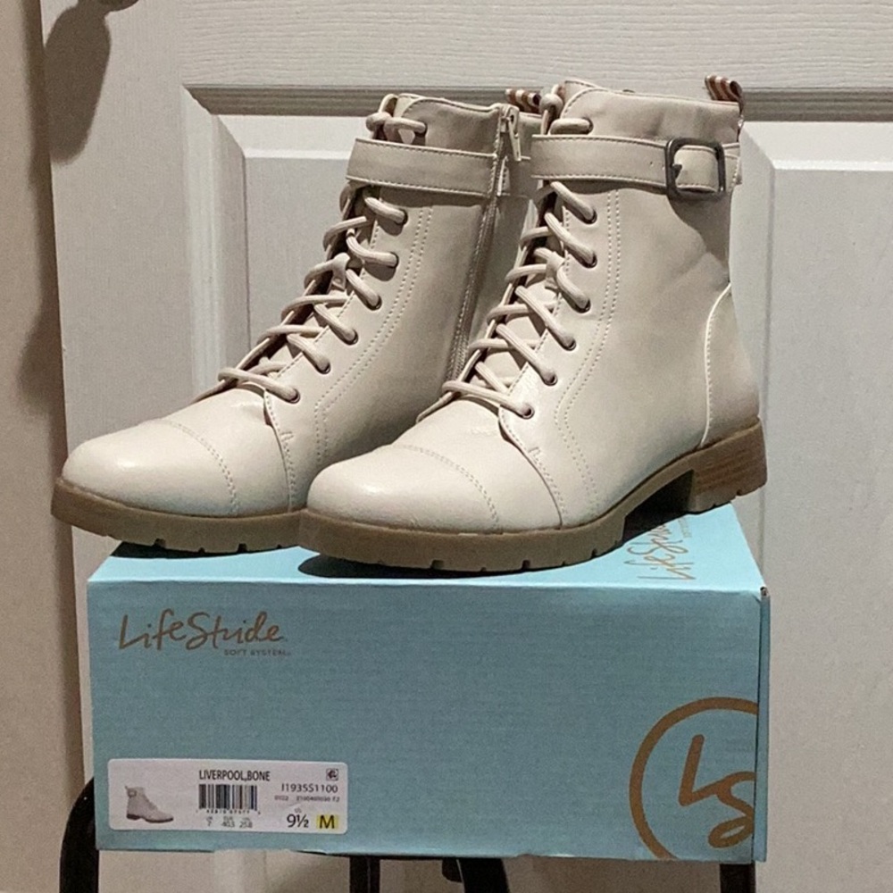 Life Stride Bone Lace-Up Ankle Boots with Buckle Strap